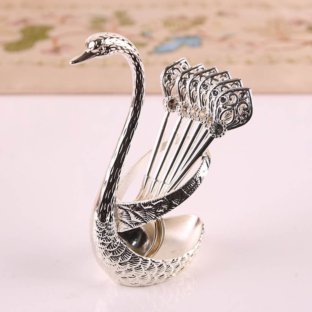 Coffee Spoon Holder For Coffee Bar; 1set Coffee Dessert Spoon Set; Fruit Cake Coffee Tea Spoon; Swan Shaped Base Holder Cutlery Set; Zinc Alloy Metal Tableware