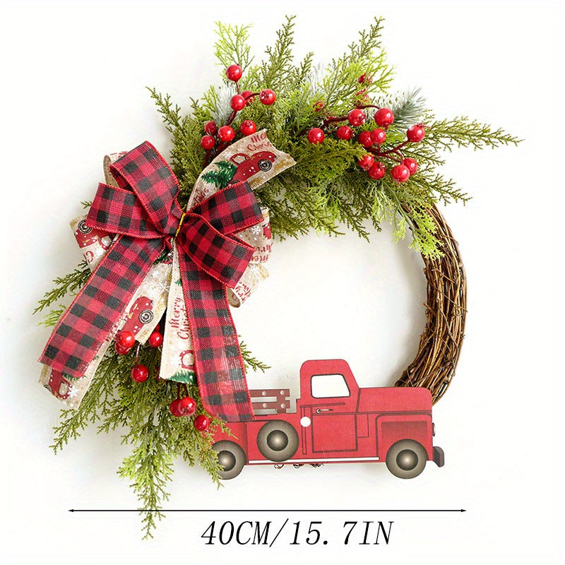 1pc, Christmas Wreath Red Truck Decoration, Large Door Front Wreath, Door Hanging, Christmas Decorations, Home Decoration Wreath, Christmas Decor Supplies, Holiday Decor