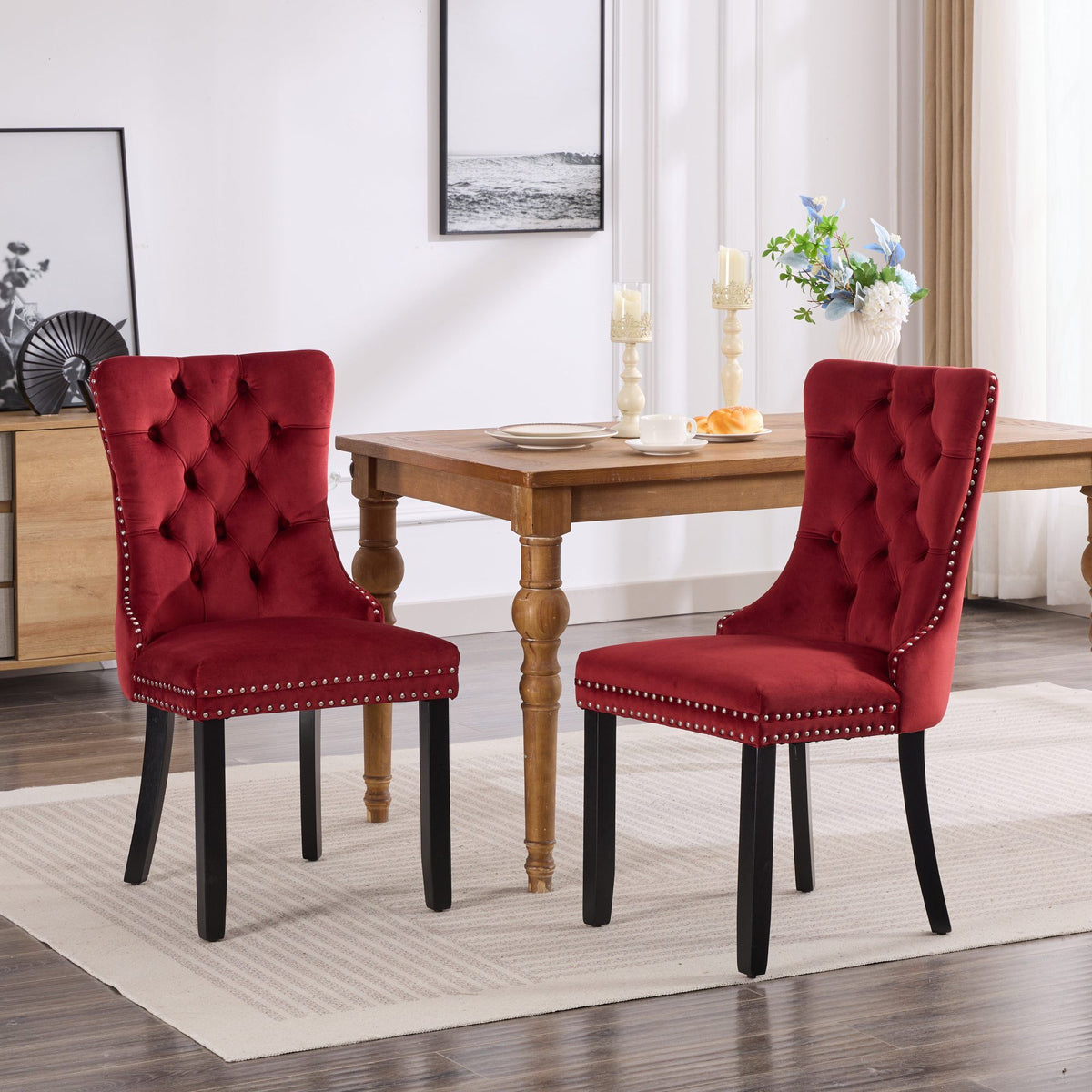 Classic Velvet Dining Chairs, High-end Tufted Solid Wood Contemporary Velvet Upholstered Dining Chair with Wood Legs Nailhead, SET OF 2,Burgundy, Wine Red,SW2001WR