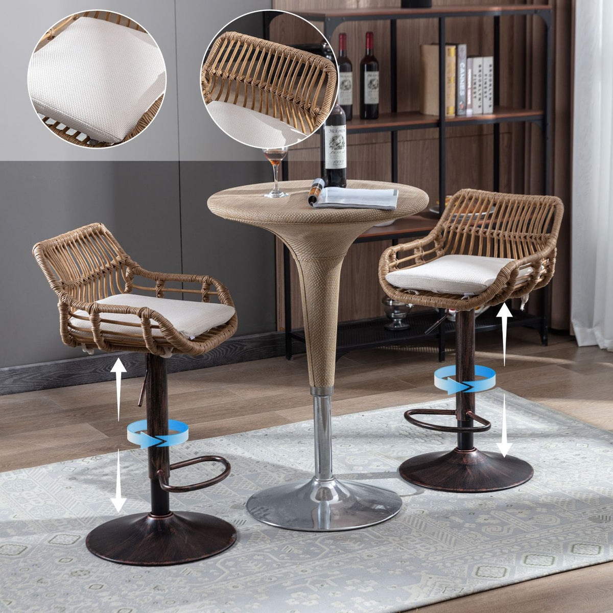 Modern Swivel Bar Stools Set of 2 Adjustable Counter Height Chairs with Footrest for Kitchen, Dining Room (Beige)