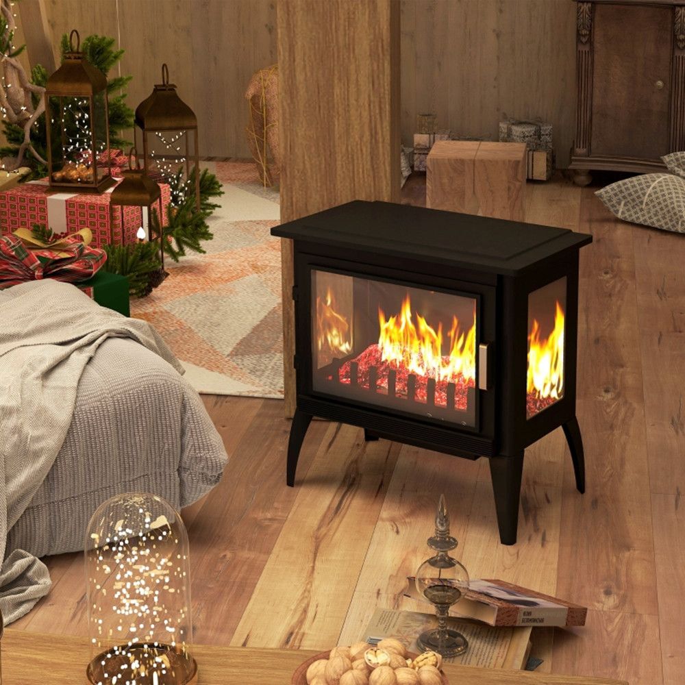 1000W/1500W 24" Electric Fireplace Stove, Freestanding Fireplace Heater with Realistic Flame, Adjustable Temperature, Black