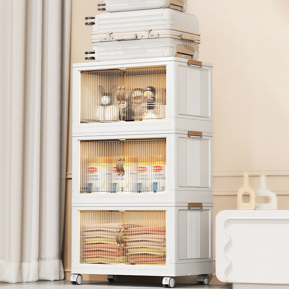 3Pcs Foldable Storage Bins with Lid Front Magnetic Door Collapsible Stackable Closet Organizer Containers with 4Pcs 360° Rotatable Wheels 8Pcs Small Wheels