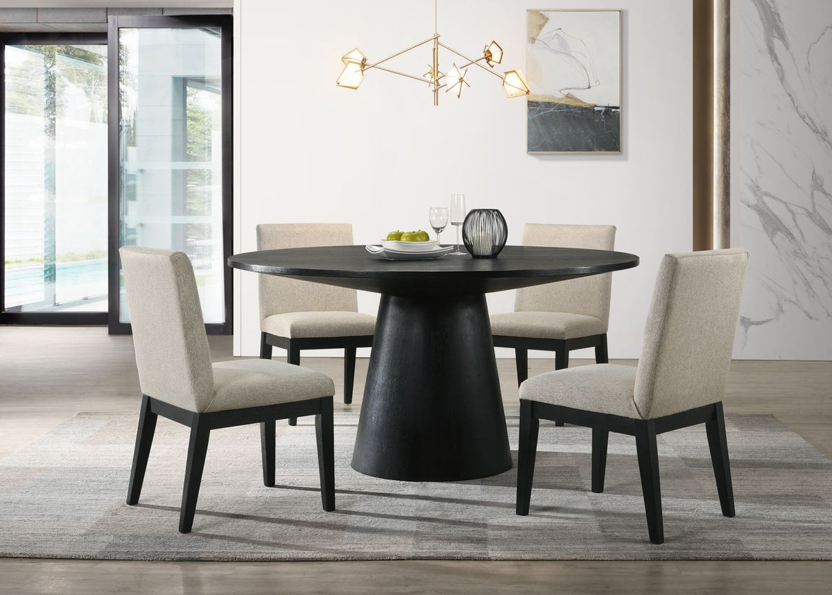 Jasper Ebony Black 5 Piece 59"W Contemporary Round Dining Table Set with Pedestal Base and Beige Fabric Chairs