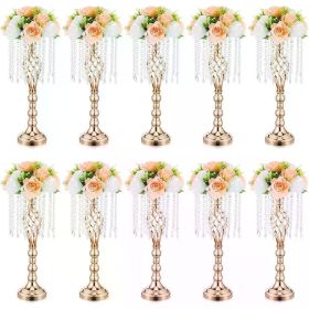Gold Crystal Wedding Centerpieces 10 Pcs,21.7 Inches for Tables With Metal Chandelier Holder Stand Home Decorations Vase Decor