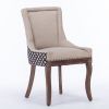 A&A Furniture, Ultra Side Dining Chair, Thickened fabric chairs with neutrally toned solid wood legs, Bronze nail head, Set of 2, Beige and Patterned